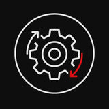 White gear icon with red adjustment arrows representing StealthPods adjustable laser shifter pod precision alignment